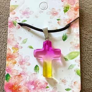 Pink and Yellow 1” Resin Cross Necklace. Unisex